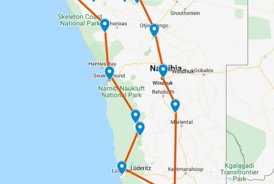 Namibia Grand Safari: Überland- und Fly-in-Safari map
