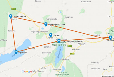 Serengeti Ndutu-Kälbung und die Buschmänner von Lake Eyasi map