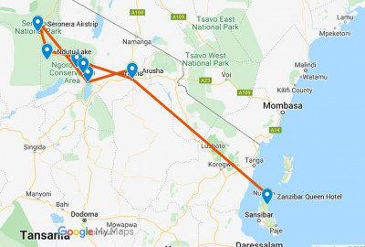 Tansania Safari zur Beobachtung der Gnukalbung in der Serengeti map